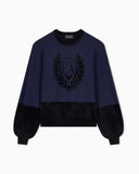 Crew neck pullover with checkered inlay graphic and logo