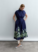 Sculptural Shirt-Inspired Midi Dress with Peacock Bloom Print