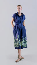Sculptural Shirt-Inspired Midi Dress with Peacock Bloom Print