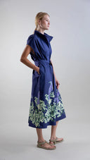 Sculptural Shirt-Inspired Midi Dress with Peacock Bloom Print