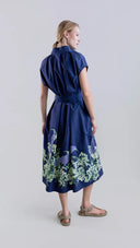 Sculptural Shirt-Inspired Midi Dress with Peacock Bloom Print
