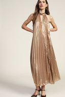 Long pleated dress sleeveless halter neck