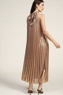 Long pleated dress sleeveless halter neck