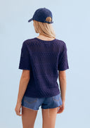 Navy blue openwork knit sweater