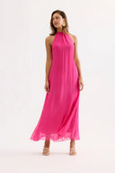 Long flowy dress with a high collar