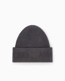 Beanie hat in ribbed virgin wool with embossed logo on cuff