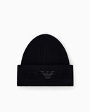 Beanie hat in ribbed virgin wool with embossed logo on cuff