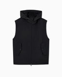 Hooded sleeveless jacket in compact stretch wool canvas
