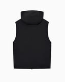 Hooded sleeveless jacket in compact stretch wool canvas