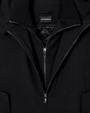 Hooded sleeveless jacket in compact stretch wool canvas