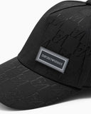 Baseball hat with an embossed logo pattern and a patch
