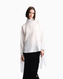 Blouse in recycled crepe with high neckline and tie cuffs