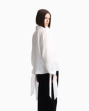Blouse in recycled crepe with high neckline and tie cuffs