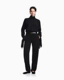 Blouse in recycled crepe with high neckline and tie cuffs