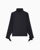Blouse in recycled crepe with high neckline and tie cuffs