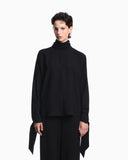 Blouse in recycled crepe with high neckline and tie cuffs