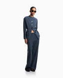 Pinstriped fluid fabric guru-collar jacket
