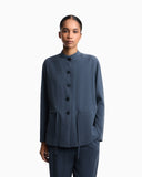 Pinstriped fluid fabric guru-collar jacket