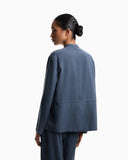 Pinstriped fluid fabric guru-collar jacket