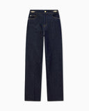 Five-pocket denim jeans with a metal knot on the waistband