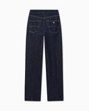 Five-pocket denim jeans with a metal knot on the waistband