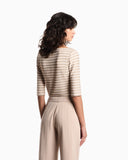 Jumper with three-quarter length sleeves in striped jacquard jersey with a pattern