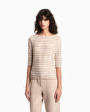 Jumper with three-quarter length sleeves in striped jacquard jersey with a pattern