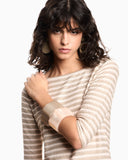 Jumper with three-quarter length sleeves in striped jacquard jersey with a pattern