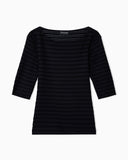Jumper with three-quarter length sleeves in striped jacquard jersey with a pattern