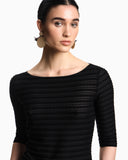 Jumper with three-quarter length sleeves in striped jacquard jersey with a pattern