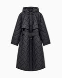 Long quilted light nylon coat with a hood and belt
