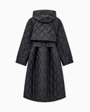 Long quilted light nylon coat with a hood and belt