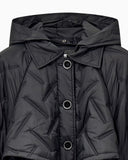 Long quilted light nylon coat with a hood and belt