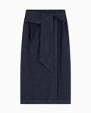 Cotton denim skirt with a wide waistband and self-tie belt