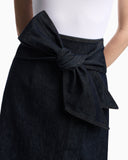 Cotton denim skirt with a wide waistband and self-tie belt
