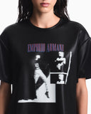 T-shirt in shiny coated jersey with a graphic print