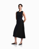 Long viscose dress with pleated side insert and drawstring