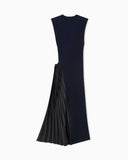 Long viscose dress with pleated side insert and drawstring