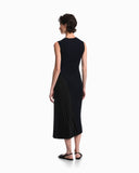 Long viscose dress with pleated side insert and drawstring