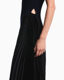 Long viscose dress with pleated side insert and drawstring