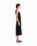 Long viscose dress with pleated side insert and drawstring