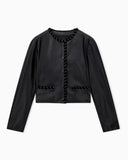 Cropped leather jacket with braided trim and button closure