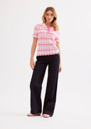 Openwork knit polo collar sweater