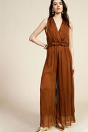 Sleeveless jumpsuit with v-neck and gathered waist
