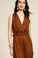 Sleeveless jumpsuit with v-neck and gathered waist
